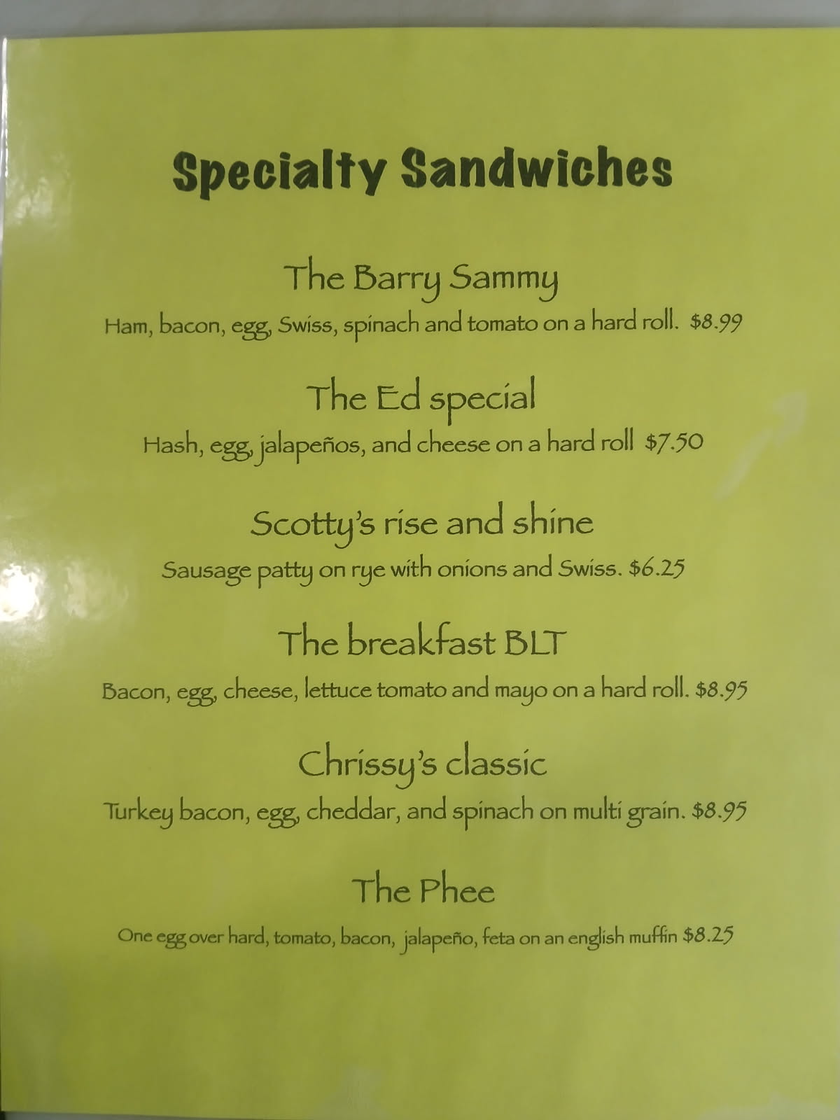 Special Sandwich Menu
